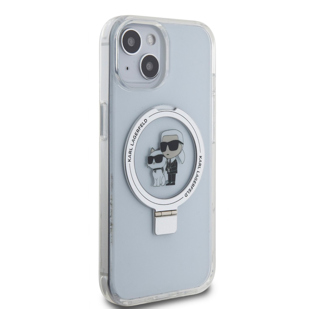 Coque iPhone 15 - Karl Lagerfeld et Choupette gel laqué avec anneau métallique de support amovible intégré et Magsafe - Transparent