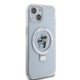 Coque iPhone 15 - Karl Lagerfeld et Choupette gel laqué avec anneau métallique de support amovible intégré et Magsafe - Transparent