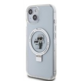Coque iPhone 15 - Karl Lagerfeld et Choupette gel laqué avec anneau métallique de support amovible intégré et Magsafe - Transparent