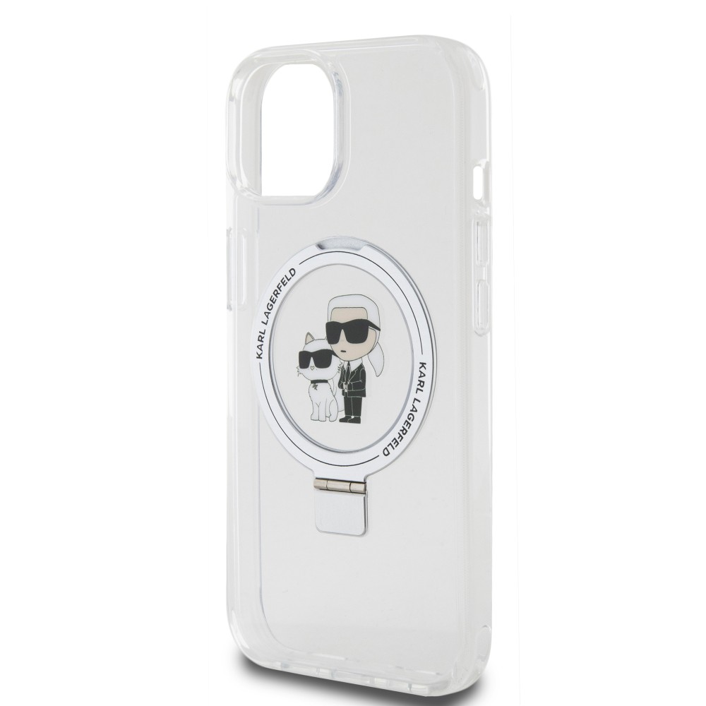 Coque iPhone 15 - Karl Lagerfeld et Choupette gel laqué avec anneau métallique de support amovible intégré et Magsafe - Transparent
