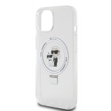 Coque iPhone 15 - Karl Lagerfeld et Choupette gel laqué avec anneau métallique de support amovible intégré et Magsafe - Transparent