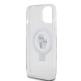 Coque iPhone 15 - Karl Lagerfeld et Choupette gel laqué avec anneau métallique de support amovible intégré et Magsafe - Transparent