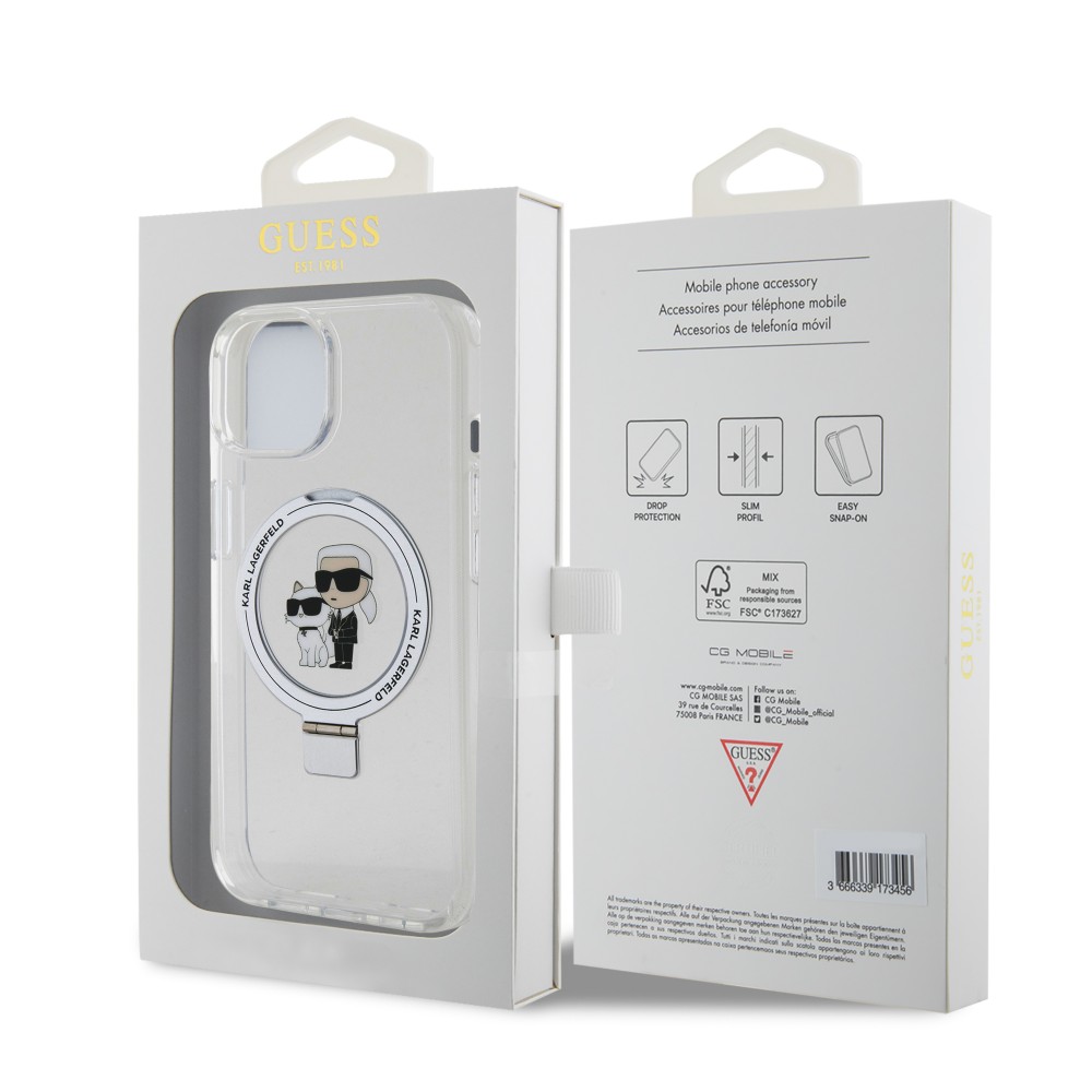 Coque iPhone 15 - Karl Lagerfeld et Choupette gel laqué avec anneau métallique de support amovible intégré et Magsafe - Transparent