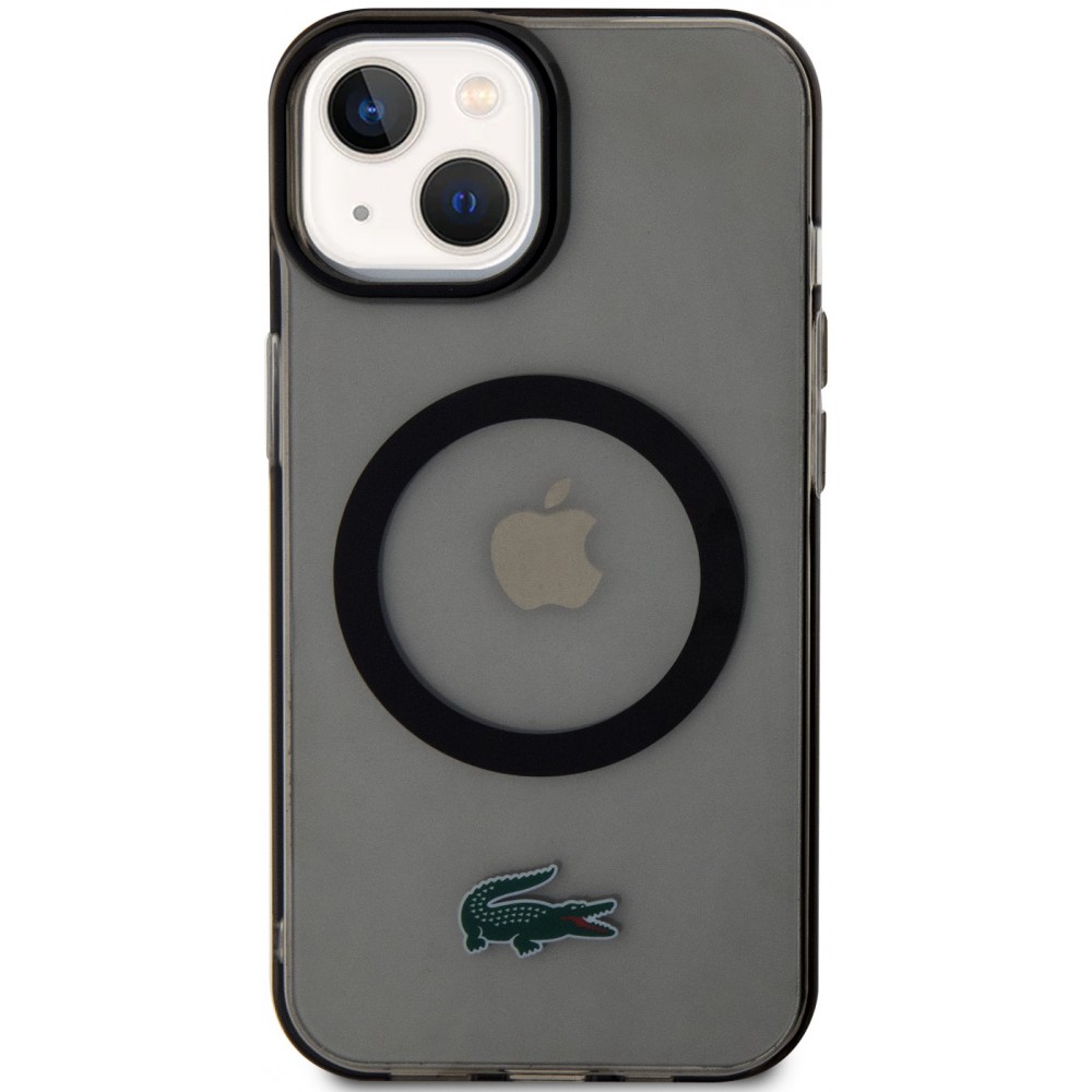 Coque iPhone 15 Plus - Lacoste gel laqué transparent avec MagSafe - Noir