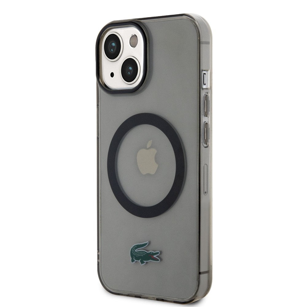 Coque iPhone 15 Plus - Lacoste gel laqué transparent avec MagSafe - Noir