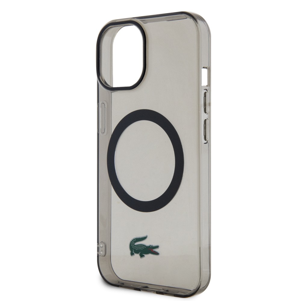 Coque iPhone 15 Plus - Lacoste gel laqué transparent avec MagSafe - Noir