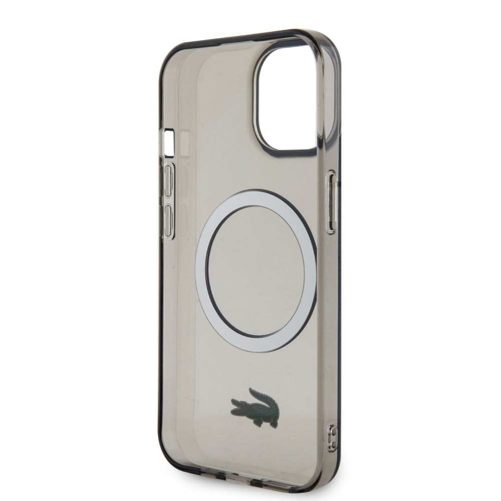 Coque iPhone 15 Plus - Lacoste gel laqué transparent avec MagSafe - Noir