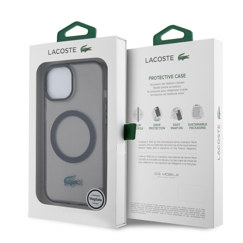 Coque iPhone 15 Plus - Lacoste gel laqué transparent avec MagSafe - Noir