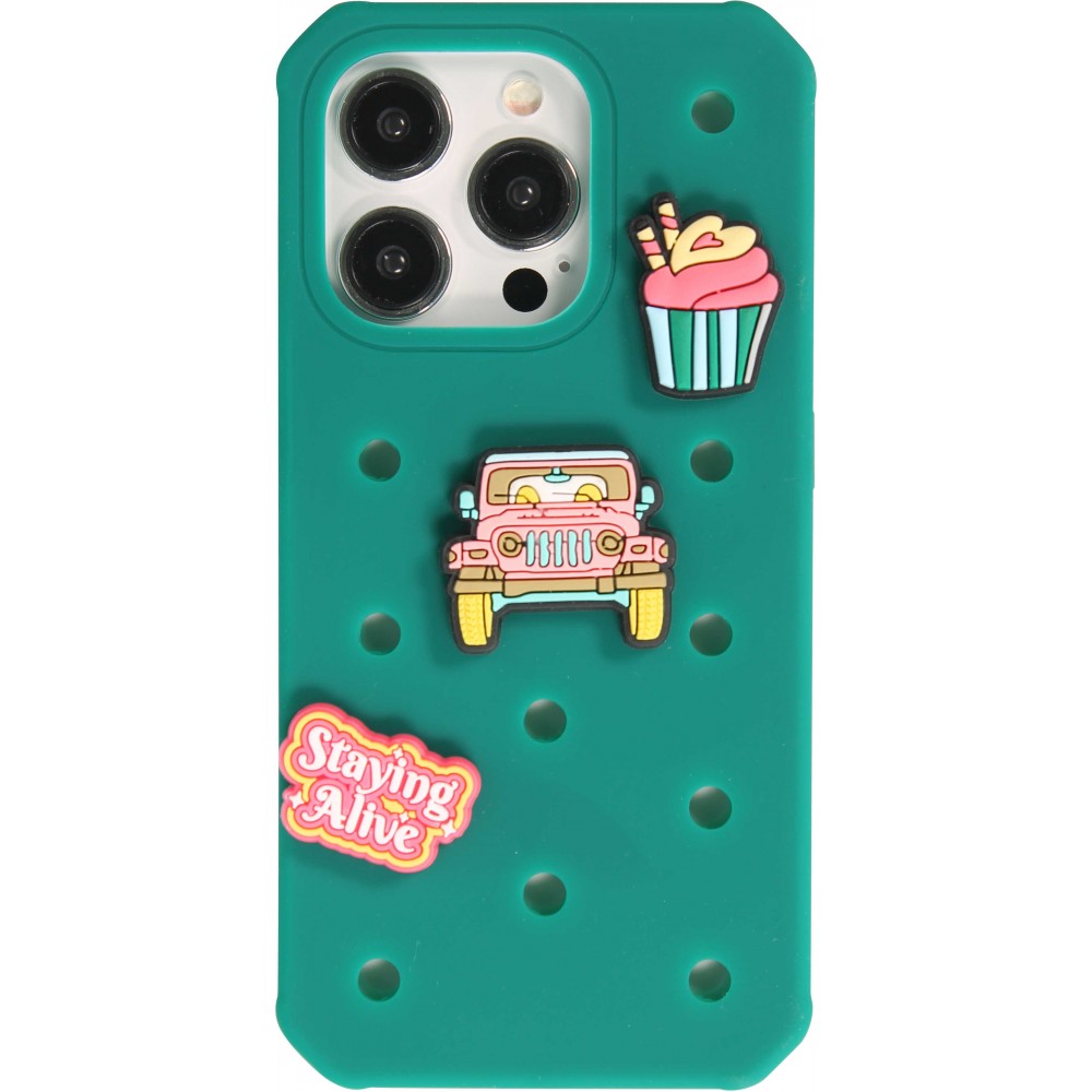 Coque iPhone 15 Pro - Case épais en silicone avec des trous pour les stickers à fixer - Vert foncé