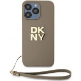 Coque iPhone 15 Pro - DKNY avec bracelet d&eacute;tachable et logo dor&eacute; - Beige