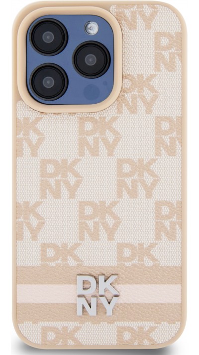 Coque iPhone 15 Pro - DKNY toile similicuir monogramme logo métallique - Rose