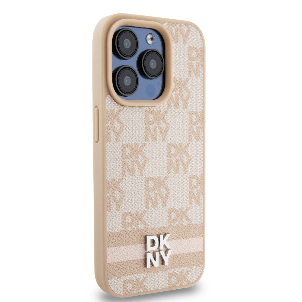 iPhone 15 Case Hülle - DKNY Leinwand Kunstleder Monogramm Metall-Logo - Rosa