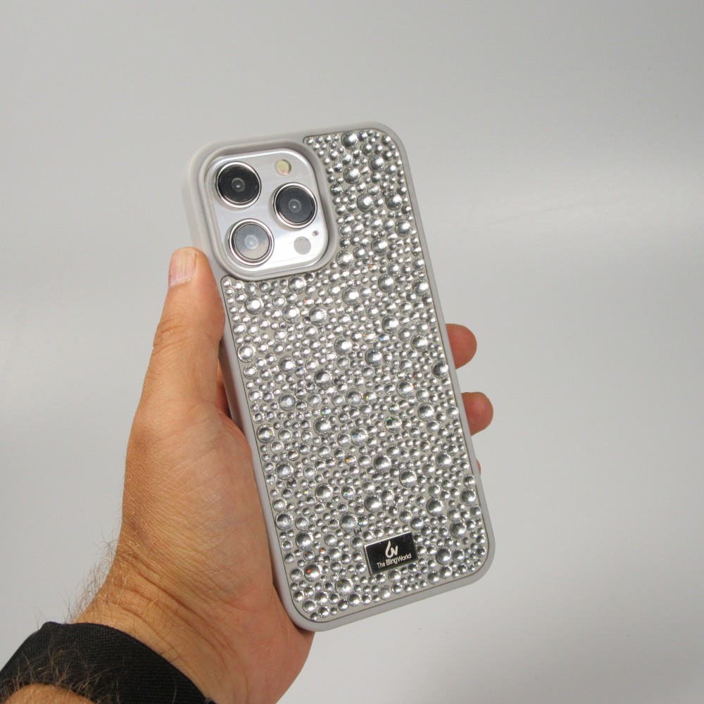 Coque iPhone 15 Pro Max - Diamant strass The Bling World - Argent