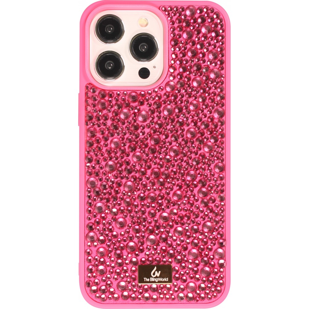 Coque iPhone 15 Pro - Diamant strass The Bling World - Rose foncé