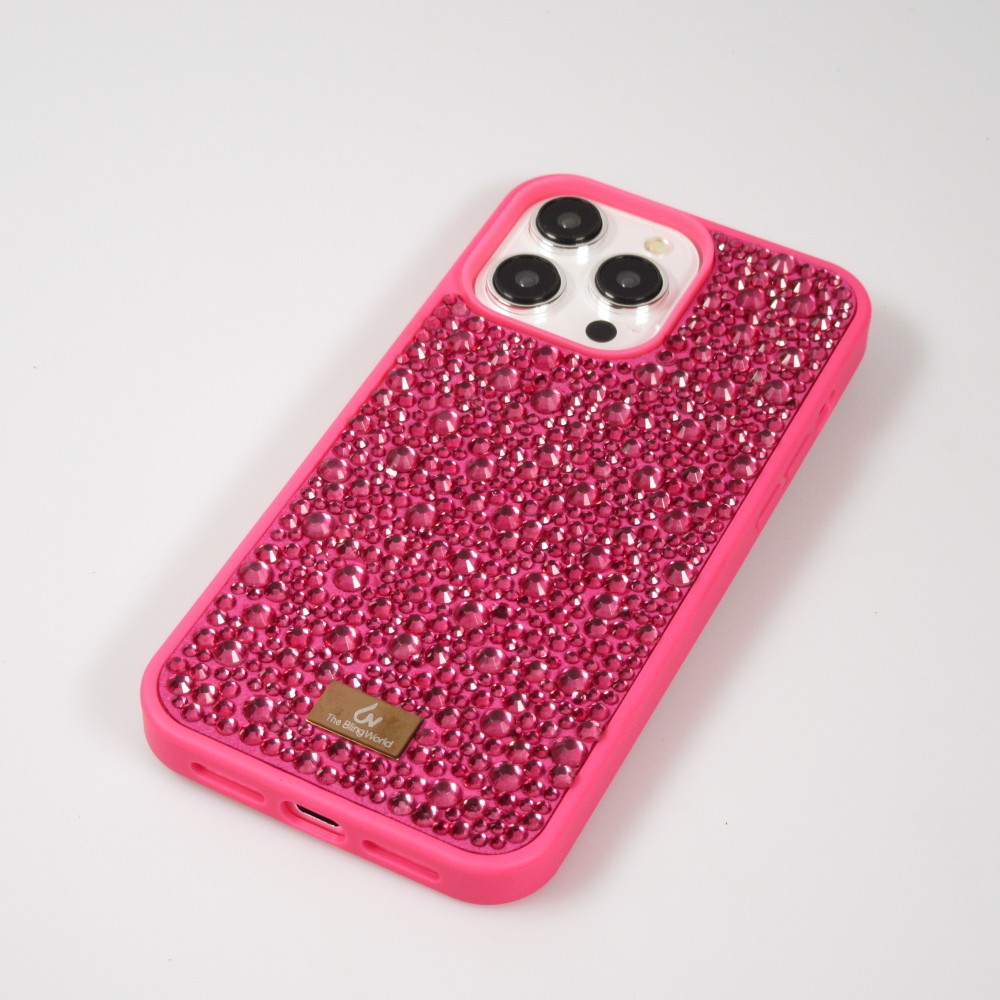 Coque iPhone 15 Pro - Diamant strass The Bling World - Rose foncé