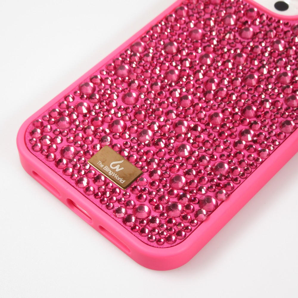 Coque iPhone 15 Pro - Diamant strass The Bling World - Rose foncé
