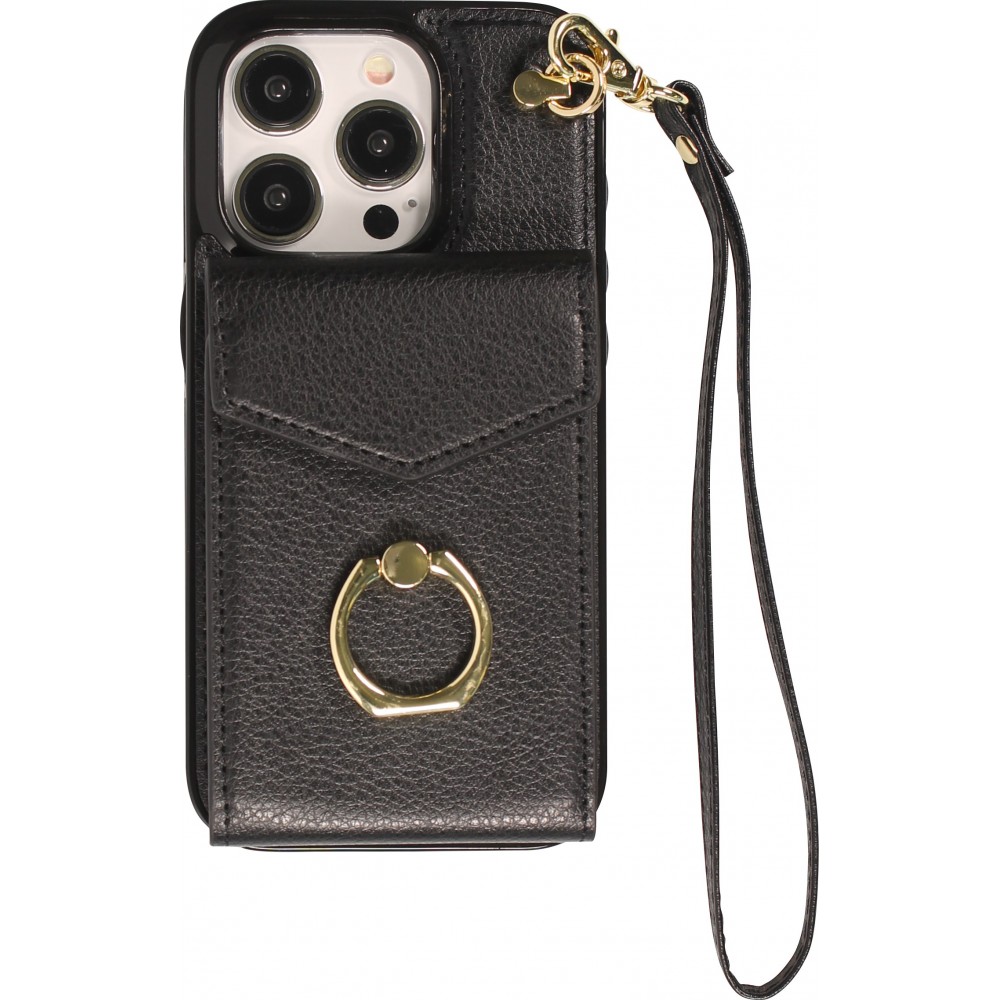 Coque iPhone 15 Pro Max - Etui élégant look cuir DeLuxe avec portefeuille + anneau de support - Noir