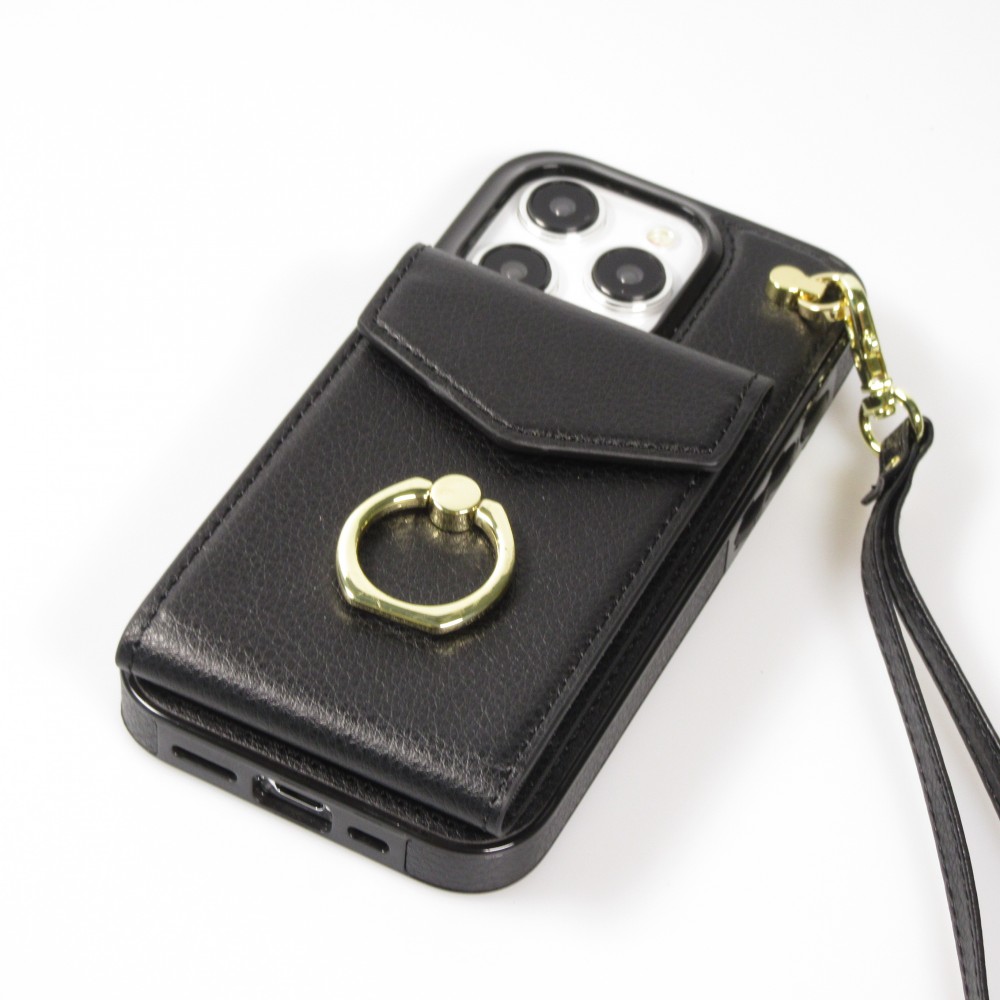 Coque iPhone 15 Pro Max - Etui élégant look cuir DeLuxe avec portefeuille + anneau de support - Noir