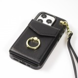 Coque iPhone 15 Pro Max - Etui élégant look cuir DeLuxe avec portefeuille + anneau de support - Noir