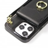 Coque iPhone 15 Pro Max - Etui élégant look cuir DeLuxe avec portefeuille + anneau de support - Noir