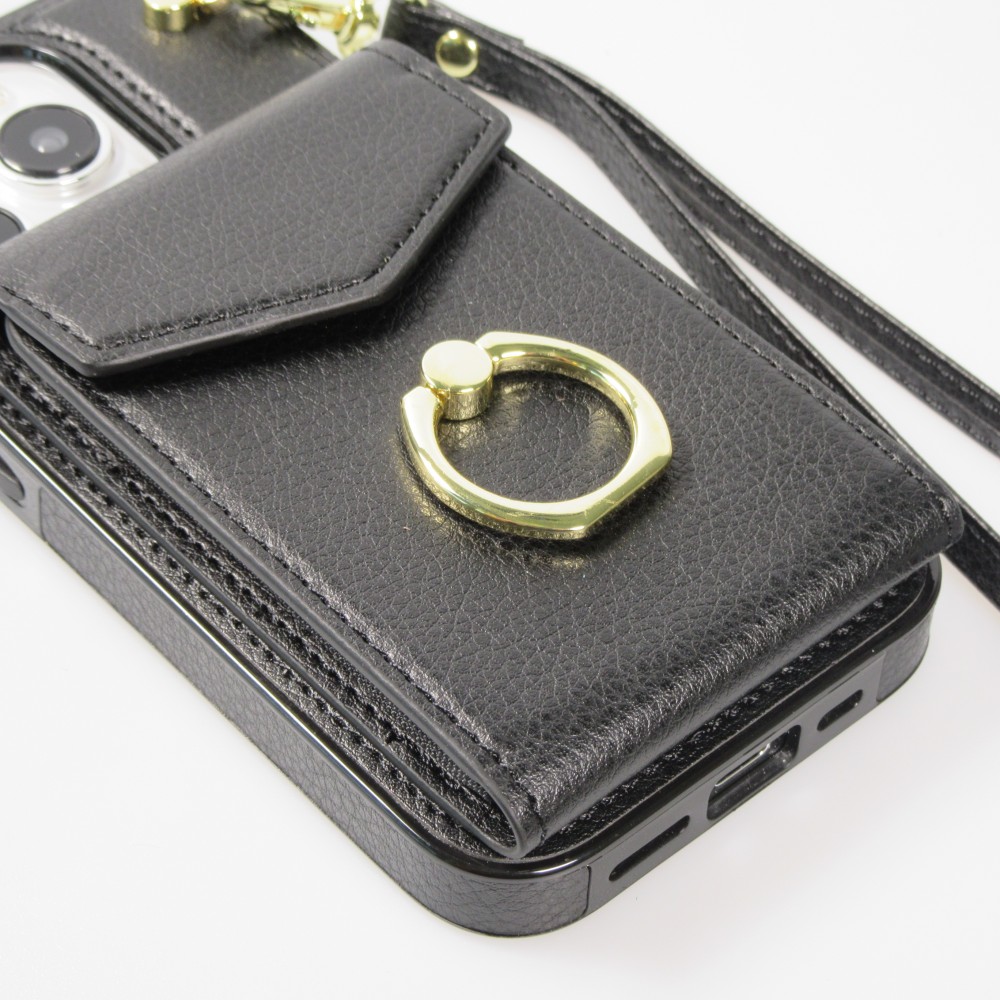 Coque iPhone 15 Pro Max - Etui élégant look cuir DeLuxe avec portefeuille + anneau de support - Noir