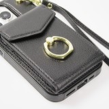 Coque iPhone 15 Pro Max - Etui élégant look cuir DeLuxe avec portefeuille + anneau de support - Noir