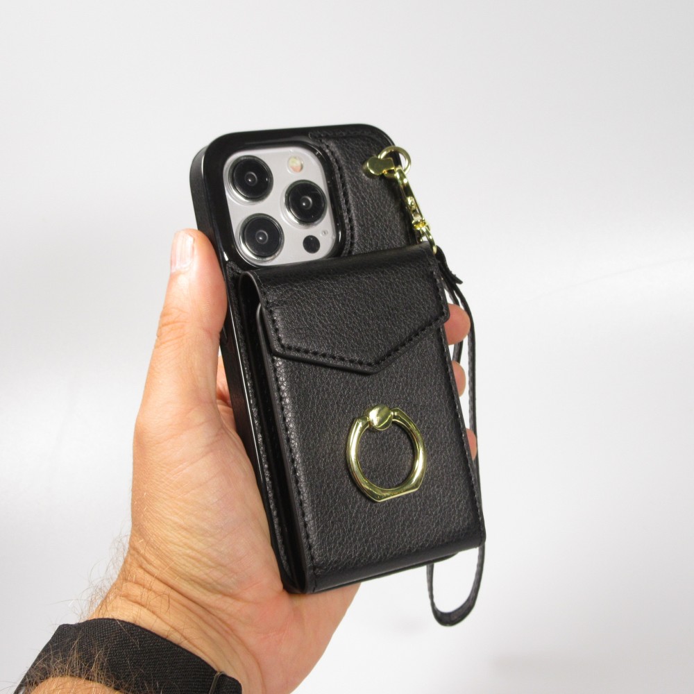 Coque iPhone 15 Pro Max - Etui élégant look cuir DeLuxe avec portefeuille + anneau de support - Noir