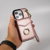 iPhone 15 Pro Max Case Hülle - DeLuxe elegantes Lederlook Cover mit Wallet + Tragering - Rosa
