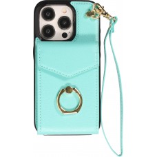 Coque iPhone 15 Pro Max - Etui élégant look cuir DeLuxe avec portefeuille + anneau de support - Turquoise