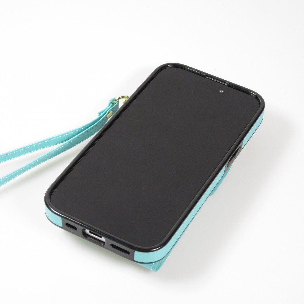 Coque iPhone 15 Pro Max - Etui élégant look cuir DeLuxe avec portefeuille + anneau de support - Turquoise