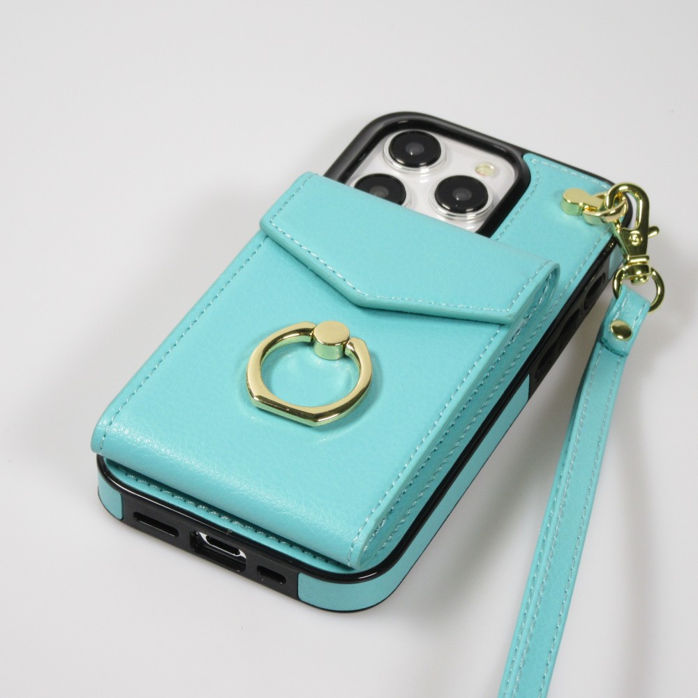 Coque iPhone 15 Pro Max - Etui élégant look cuir DeLuxe avec portefeuille + anneau de support - Turquoise