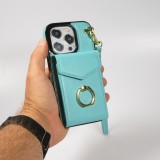 Coque iPhone 15 Pro Max - Etui élégant look cuir DeLuxe avec portefeuille + anneau de support - Turquoise