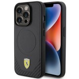 Coque iPhone 15 Pro - Ferrari cuir MagSafe avec logo en métal et imitation carbon - Noir
