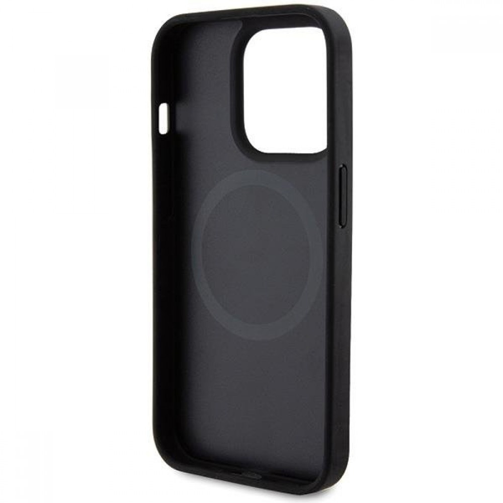 Coque iPhone 15 Pro - Ferrari cuir MagSafe avec logo en métal et imitation carbon - Noir