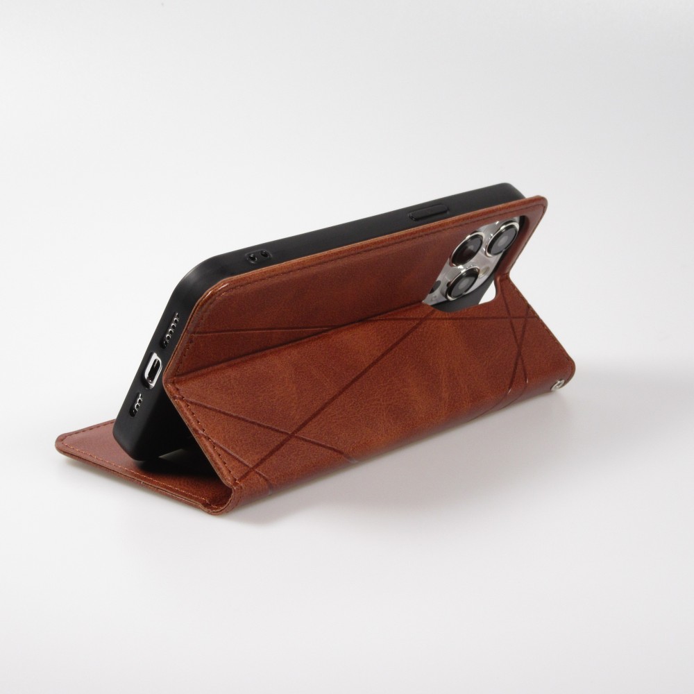Coque iPhone 15 Pro - Flip Géometrique brun foncé