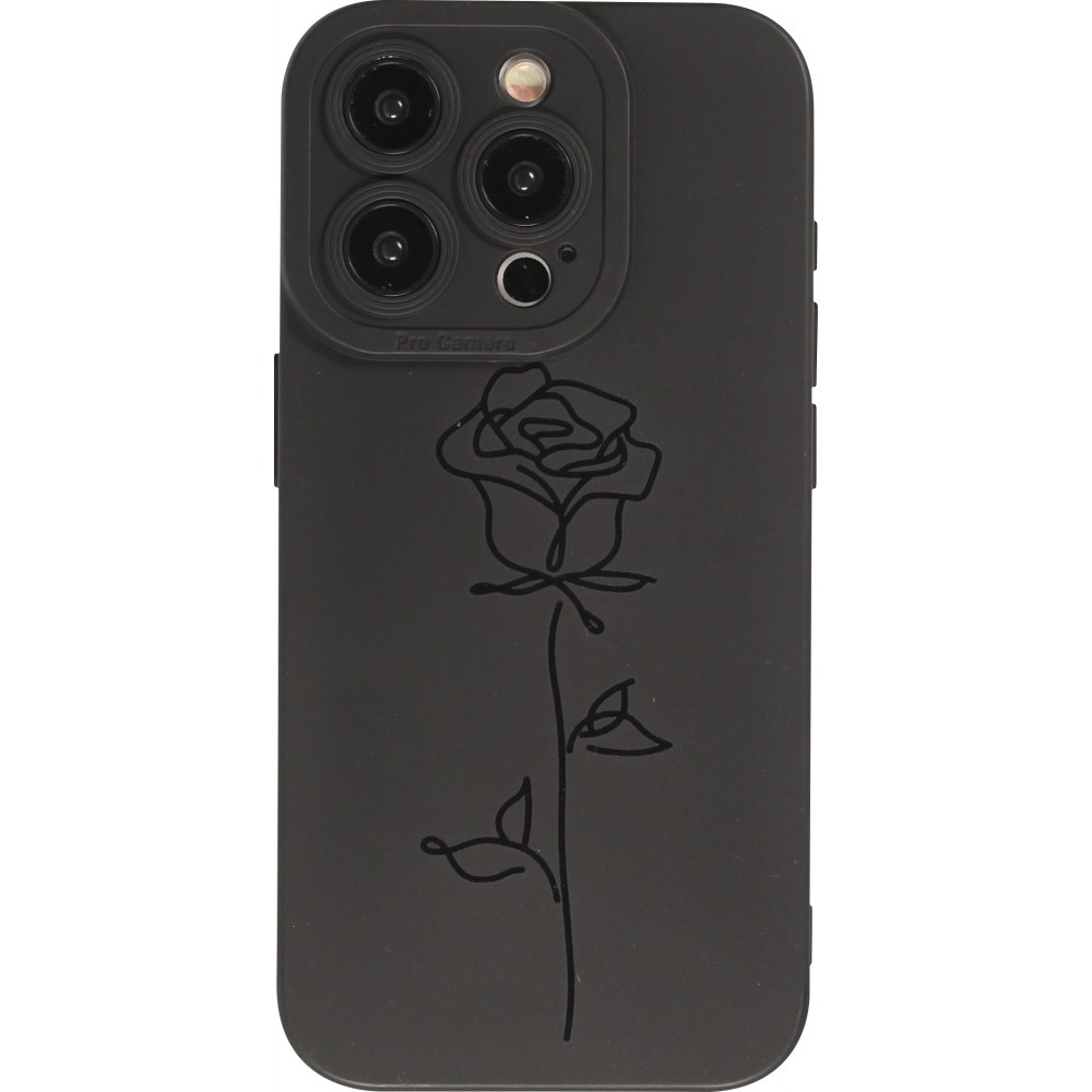 Coque iPhone 15 Pro - Gel silicone souple avec protection caméra - Rose minimaliste - Noir