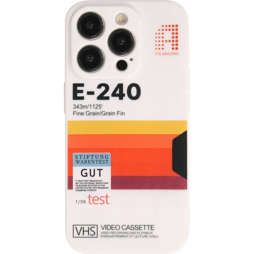 Coque iPhone 15 Pro Max - Gel silicone vintage video cassette E-240 - Blanc