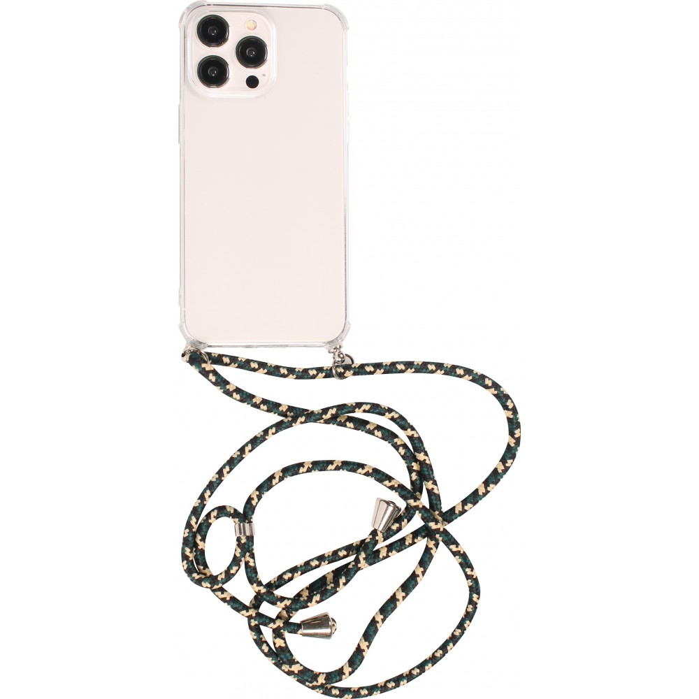 Coque iPhone 15 Pro Max - Gel transparent bumper avec lacet - Vert / or