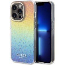 Coque iPhone 15 Pro Max - Guess dégradé de multifacettes miroir irisé style disco avec logo doré - Multicolore