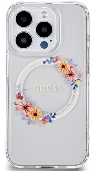 Coque iPhone 15 Pro - Guess gel rigide avec MagSafe fleurs et logo doré - Transparent