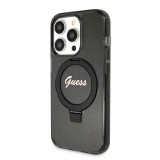 Coque iPhone 15 Pro Max - Guess gel rigide pailleté avec anneau support MagSafe amovible et logo doré - Noir transparent