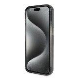 Coque iPhone 15 Pro Max - Guess gel rigide pailleté avec anneau support MagSafe amovible et logo doré - Noir transparent
