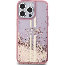 Coque iPhone 15 Pro Max - Guess gel rigide paillettes liquides or et argent avec logo doré - Rose