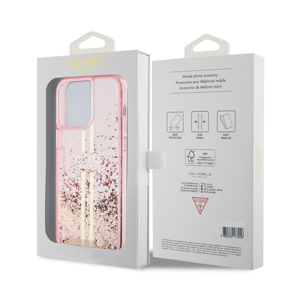 Coque iPhone 15 Pro Max - Guess gel rigide paillettes liquides or et argent avec logo doré - Rose