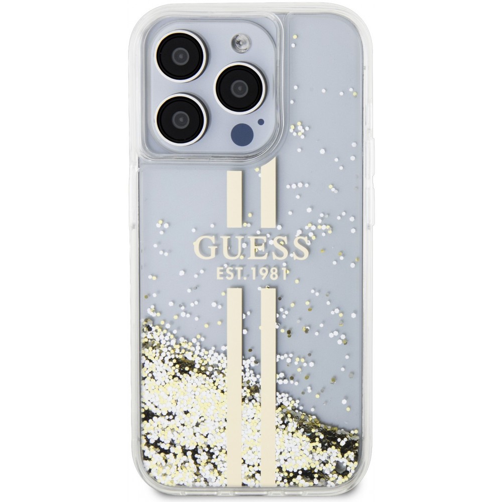 Coque iPhone 15 Pro - Guess gel rigide paillettes liquides or et argent avec logo doré - Transparent