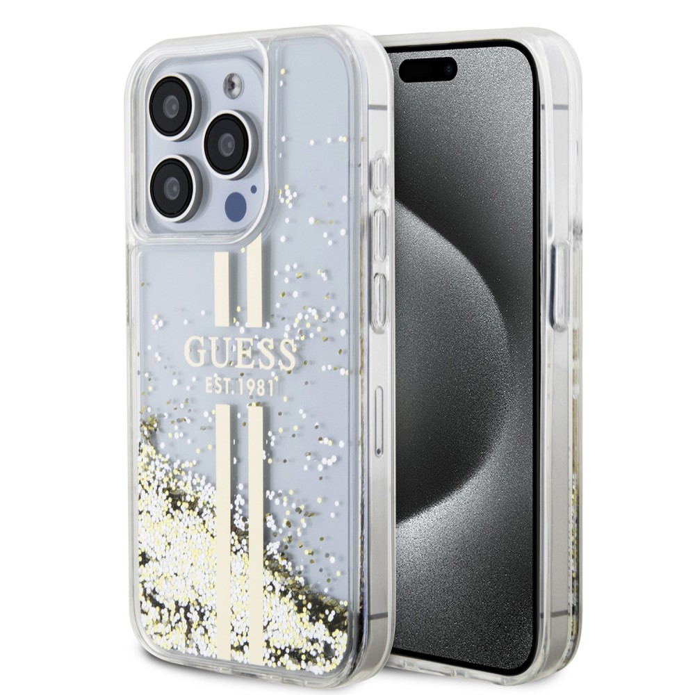 Coque iPhone 15 Pro - Guess gel rigide paillettes liquides or et argent avec logo doré - Transparent