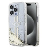 Coque iPhone 15 Pro - Guess gel rigide paillettes liquides or et argent avec logo doré - Transparent