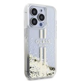 Coque iPhone 15 Pro - Guess gel rigide paillettes liquides or et argent avec logo doré - Transparent