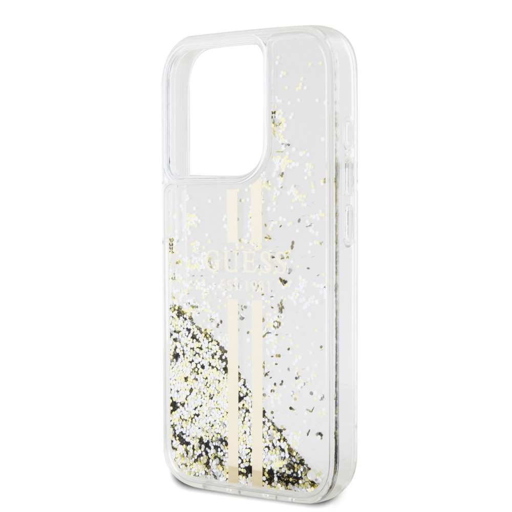 Coque iPhone 15 Pro - Guess gel rigide paillettes liquides or et argent avec logo doré - Transparent