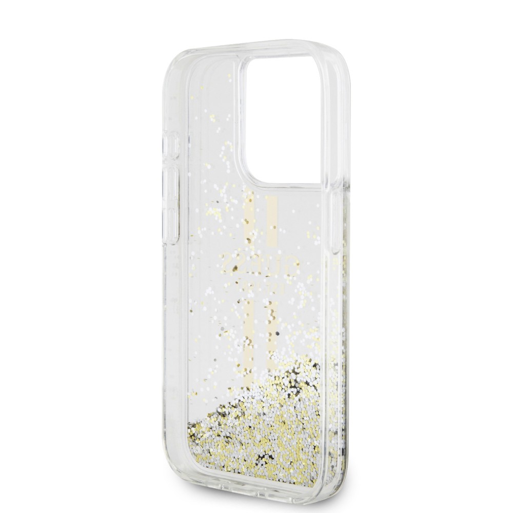 Coque iPhone 15 Pro - Guess gel rigide paillettes liquides or et argent avec logo doré - Transparent